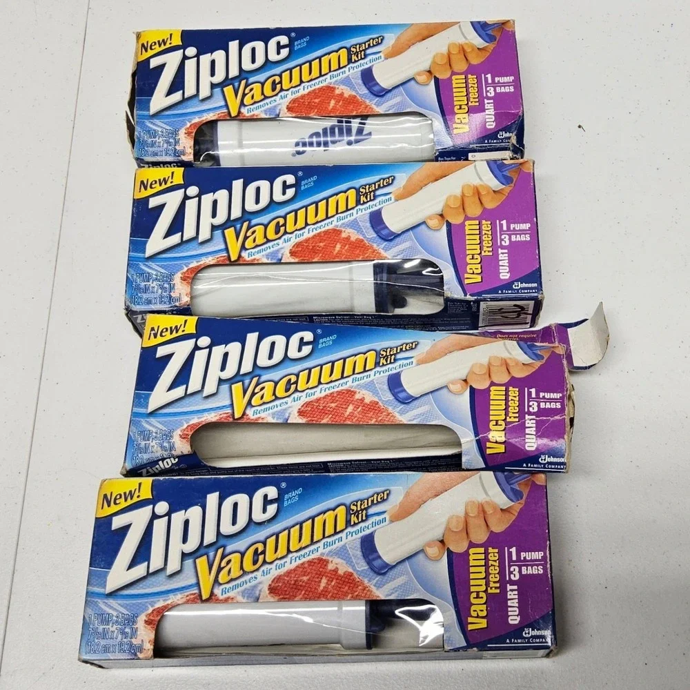Ziploc Vacuum Starter Kit Manual Pump 4 Boxes‎ Quart Freezer Bags Blue White